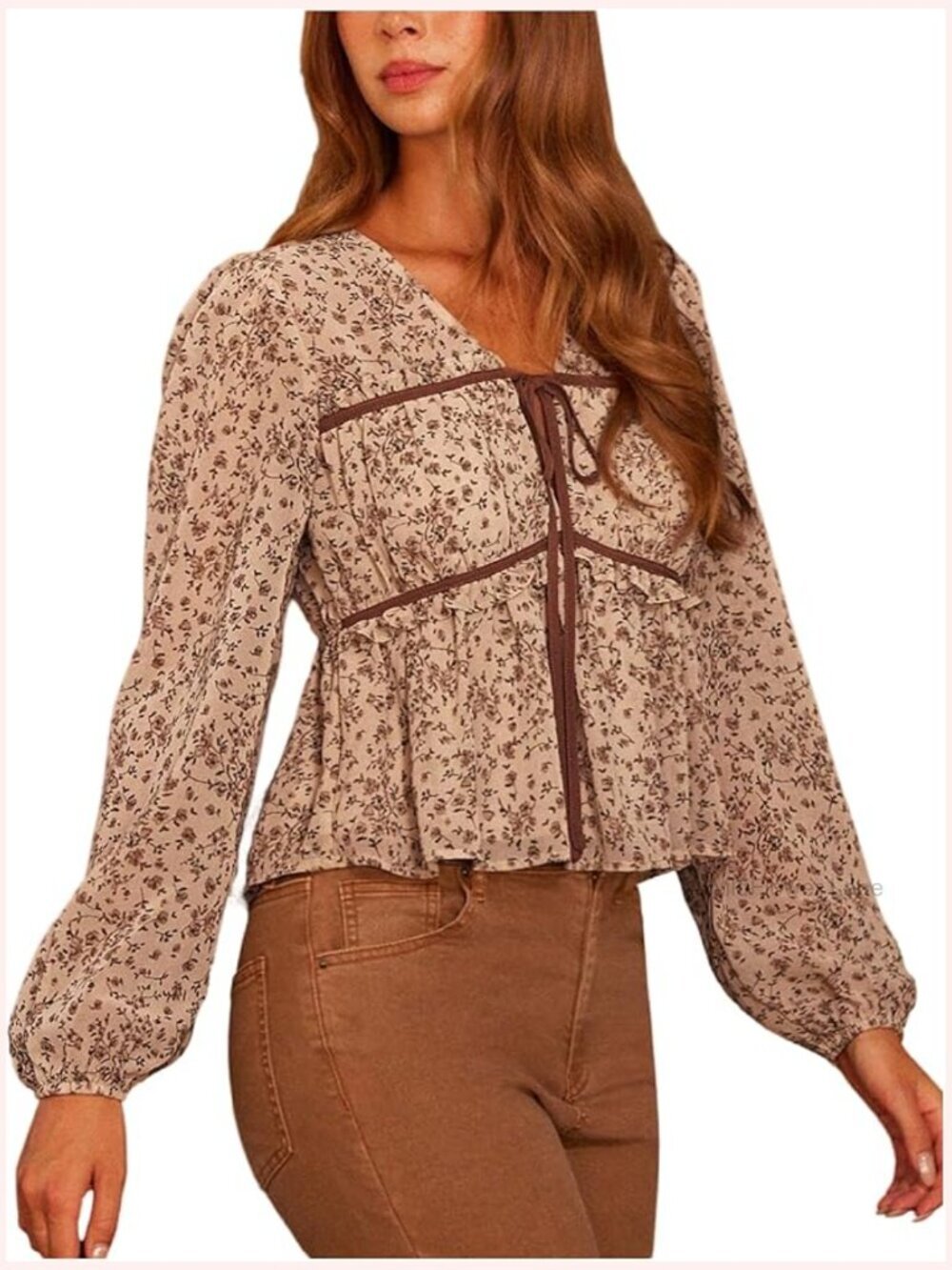 Floral Peplum Top V-Neck Tie Front Lantern Sleeve Ruffle Vacation Blouse